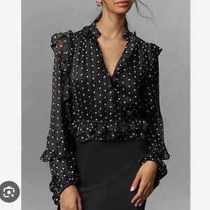 Anthropologie Current Air Navy and White Sheer Cropped Polka Dot Blouse